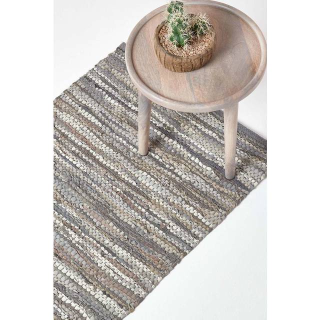Homescapes Denver Leather Woven Rug Grey Hall Runner