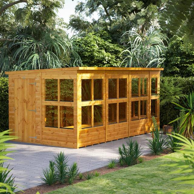 Powersheds Pent Roof Single Door Potting Shed 14ft x 8ft, Golden Brown Timber