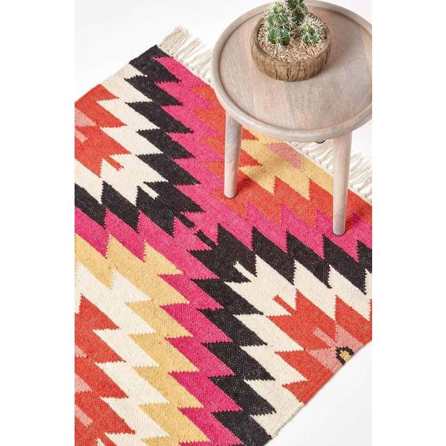 Jakarta Handwoven Pink, Orange and Yellow Multi Coloured Geometric Pattern Kilim Wool Rug, 120 x 170 cm