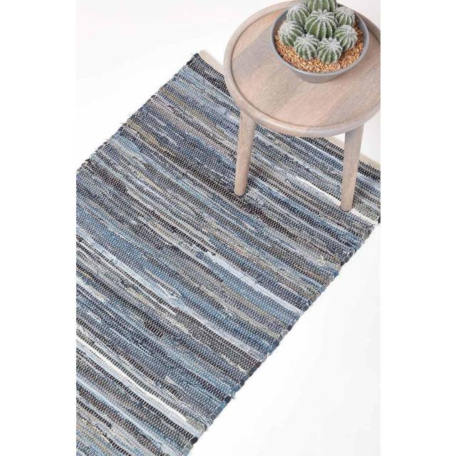 (66 x 200 cm) Blue Denim Handwoven Striped Chindi Rug