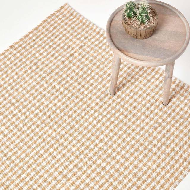 Cotton Gingham Check Rug Hand Woven Beige White, 110 x 170 cm - Natural