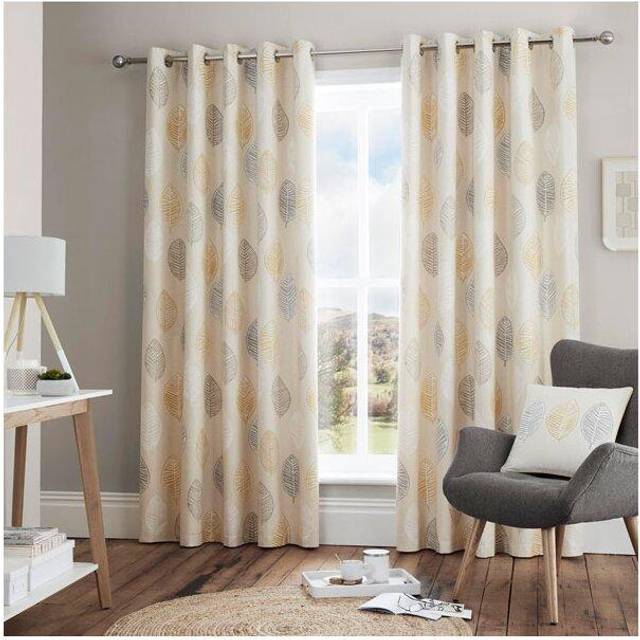 Fusion Home Furnishings Skandi Leaf gardiner med öljetter, 1 par, 100% bomull, ockra, 117 x 137 cm