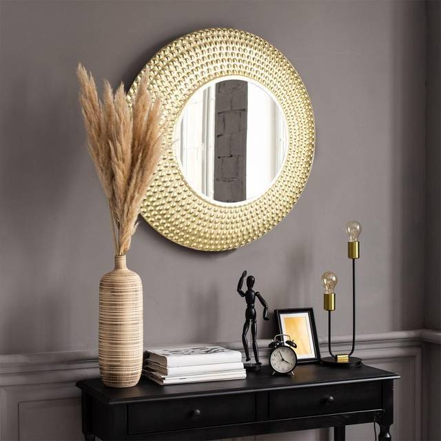 Glee Decorative Wall Mirror For Living Room , Metal Frame, Brass, 64cm Round. - Brass - Bronze