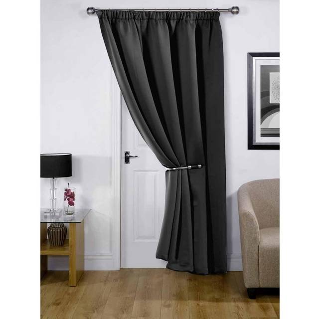 Cali Pencil Pleat - Black Woven Thermal Blackout Curtains - Width 66" x Drop 84" (168 x 213cm) - Single for Door - Emma Barclay | TJ Hughes