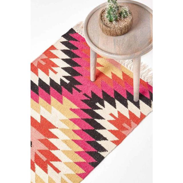 Jakarta Handwoven Pink, Orange and Yellow Multi Coloured Geometric Pattern KIlim Wool Hall Runner, 66 x 200 cm