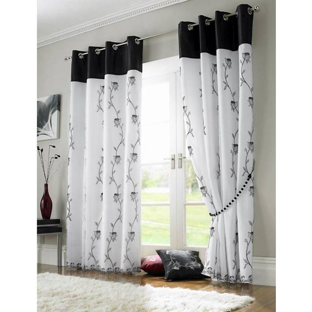 Essential Living Tahiti Lined Voile Eyelet Ring Top Curtains Black/White 142cm x 183cm, Black