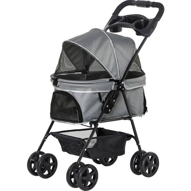 PawHut Pet Stroller No-zip Foldable Travel Carriage With Brake Basket Canopy - Blue, Blue