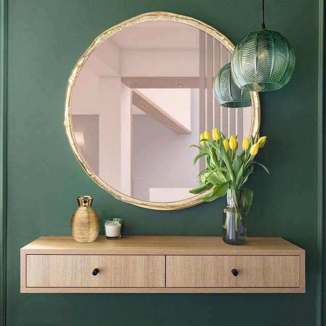 Zenith Organic Wall Mirror With Pink glass Metal Frame, Brass, 61cm Round. - Brass - Bronze