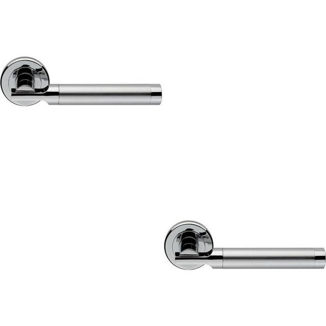 2x PAIR Round Bar Handle on Chamfered Edged Round Rose Satin & Polished Chrome