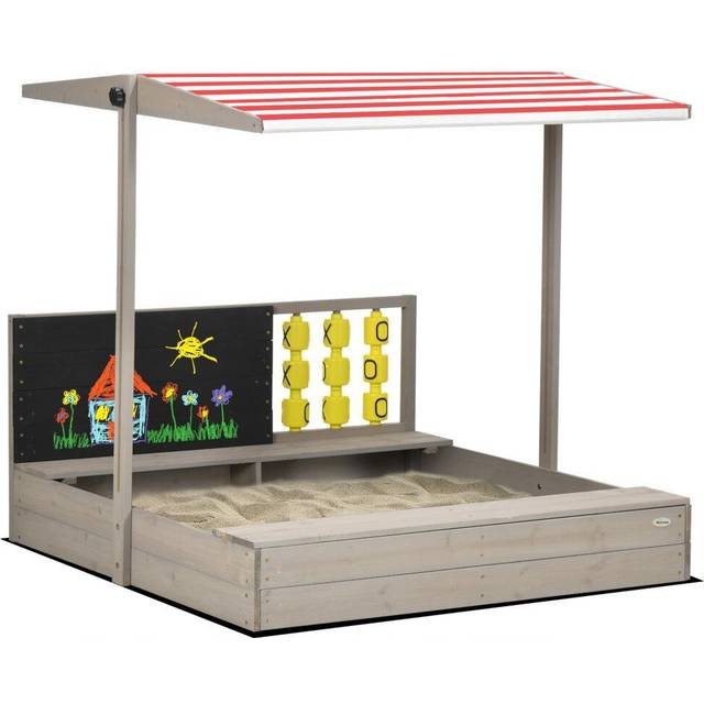 Outsunny Kids Wooden Sandpit, Sandbox With Canopy & Seats, For Gardens - Grey