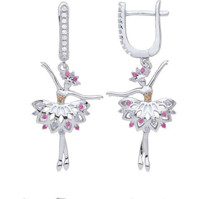 Jewelco London Ladies Sterling Silver Yellow Pink Lilac Cubic Zirconia Ballerina Ballet Dancer Drop Earrings - GVE863