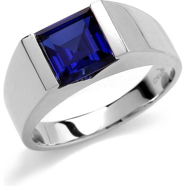 (U) Jewelco London Mens Rhodium Plated Sterling Silver Blue Square Cubic Zirconia Bar Set Square Solitaire Signet Ring