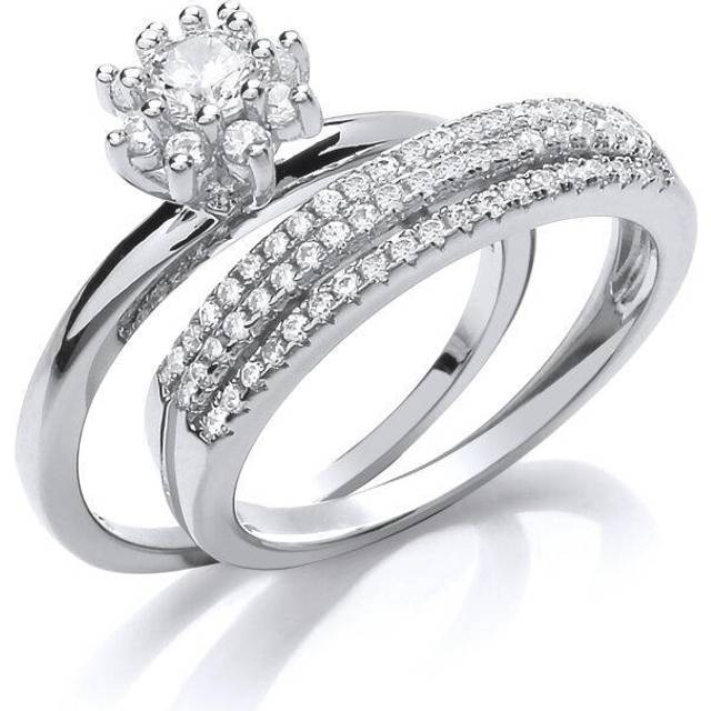 (M) Jewelco London Ladies Rhodium Plated Sterling Silver Cubic Zirconia Classic Cluster Tiered Eternity Bridal Rings Set