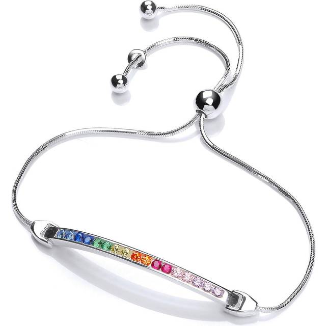 Jewelco London Unisex Sterling Silver Multi Colour CZ Rainbow Adjustable Snake Chain ID Bar Slider Bracelet 2mm 40mm - GVB435