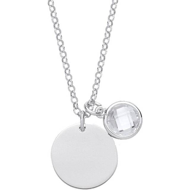 Jewelco London Ladies Sterling Silver Checkerboard Button Cubic Zirconia April Birthstone Medallion Necklace 16 inch - GVK338CRY