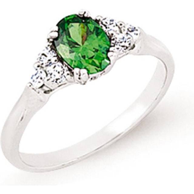 (P) Jewelco London Ladies Rhodium Plated Sterling Silver Green Oval Cubic Zirconia Cluster Engagement Ring