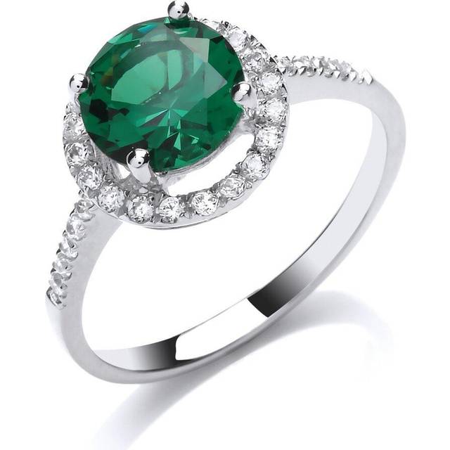 Silver jewelco london green cz shoulder-set halo solitaire engagement ring