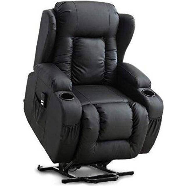 (Black) Caesar Electric Dual Rise Recliner Winged Leather Armchair Massage Heated Lounge Chair