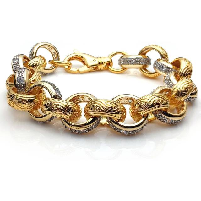 Jewelco London Flash-plated Solid Brass Cast Patterned & CZ Belcher 14mm Bracelet 7 3/4 inch 20cm - BCN079A-7.5 - Gold