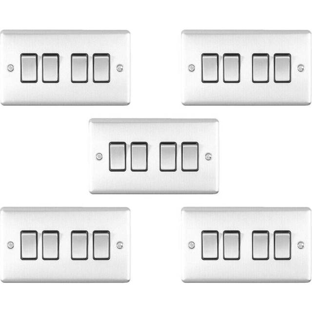 5 PACK 4 Gang Quad Metal Light Switch SATIN STEEL 2 Way 10A Black Trim