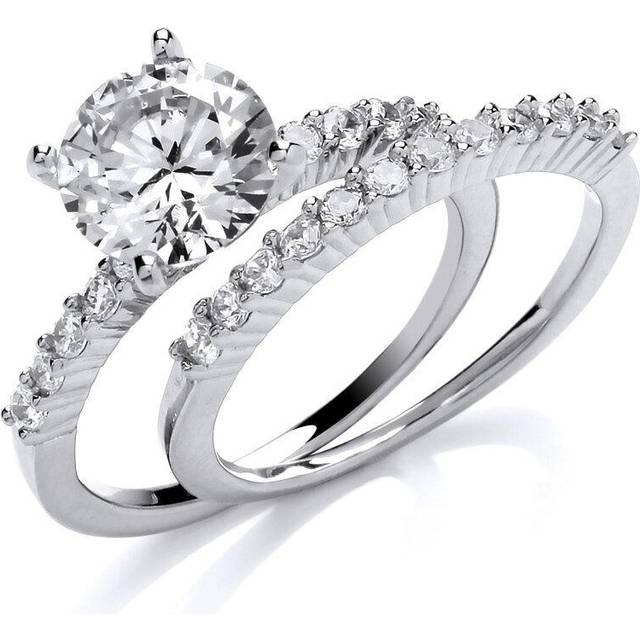 (Q) Jewelco London Ladies Rhodium Plated Sterling Silver Cubic zirconia Wedding Band Bridal Rings Set