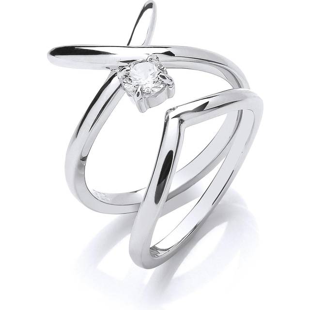 (L) Jewelco London Ladies Rhodium Plated Sterling Silver Cubic Zirconia Solitaire Crossover Kiss Wishbone Bridal Rings Set