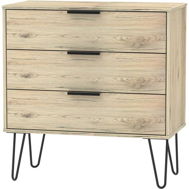 Welcome Furniture Ready Assembled Hirato 3 DrawerRustic Oak Chest With Black Hairpin Legs, Brown