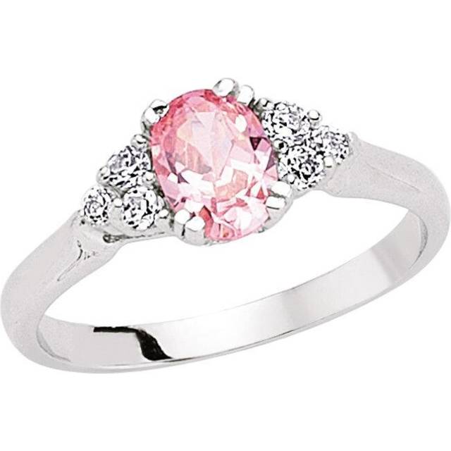 (M) Jewelco London Ladies Rhodium Plated Sterling Silver Pink Oval Cubic Zirconia Solitaire Engagement Ring