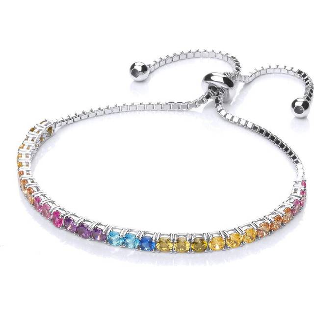 Jewelco London Unisex Sterling Silver Multi Colour Cubic Zirconia Rainbow Adjustable Box Chain Tennis Slider Bracelet - GVB448