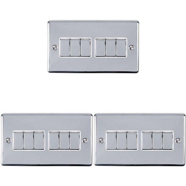 3 PACK 6 Gang Metal Multi Light Switch POLISHED CHROME 2 Way 10A White Trim