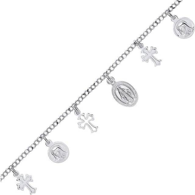 Jewelco London Ladies Sterling Silver Religious Cross Medallion Charm Bracelet 7.5 inch - GVB437