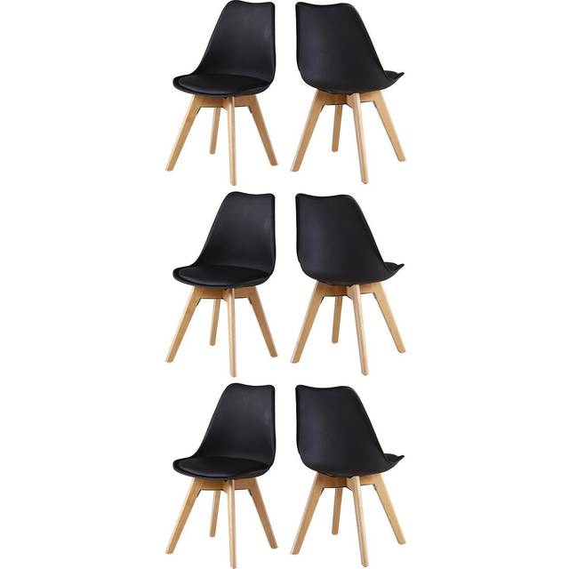 Set of 6 Scandinavian Dining Chairs Leather Cushions Solid Wood Legs - Black - One Size