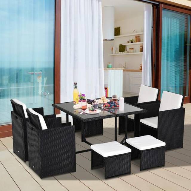 Outsunny 4 Pieces Pe Rattan Garden Daybed Set, Outdoor Wicker Cushioned Round Sofa Bed Conversation Furniture With Coffee Table & Canopy, Black