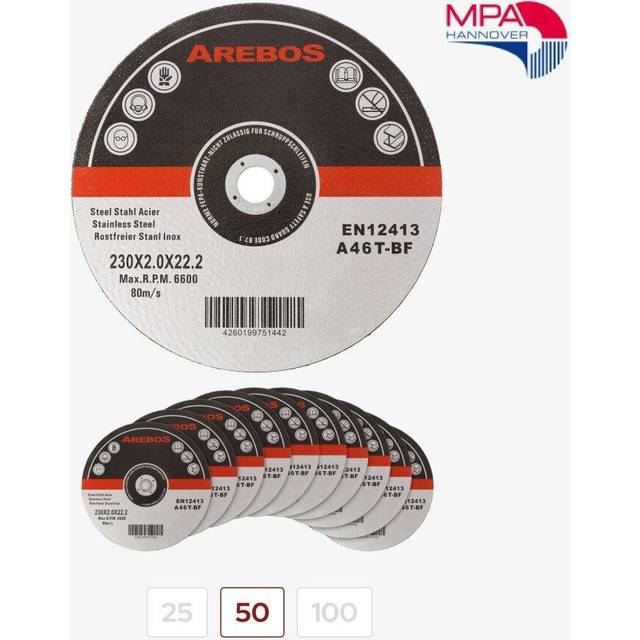 AREBOS 50 Metal Cutting Discs | Stainless Steel Cutting Discs | 230 x 1.9 x 22.23 mm | For Angle Grinder