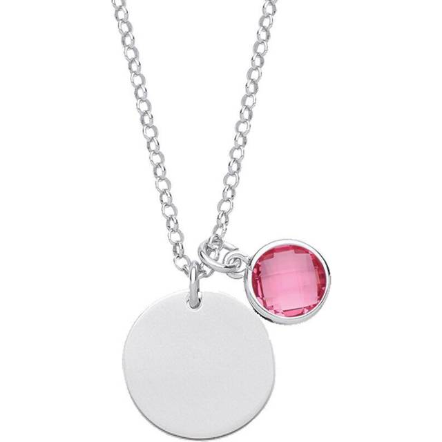Jewelco London Sterling Silver Pink Checkerboard Button Cubic Zirconia October Birthstone Medallion Necklace 16 inch - GVK338PINK
