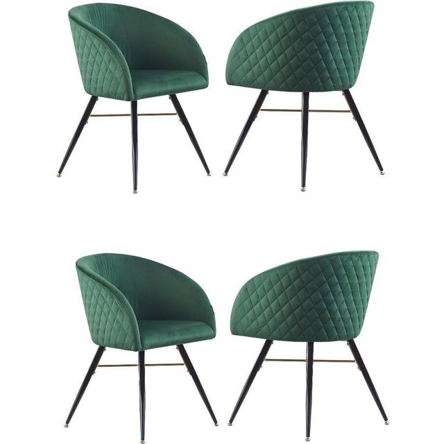Set of 4 Vittorio Velvet Dining Chairs with Black Metal Legs, Quilted Design Modern Accent Chair - Green - One Size
