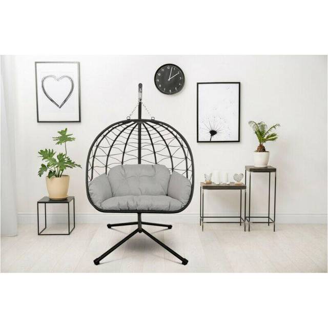 (Large) Rattan Effect Swing Chair Garden Patio Indoor Outdoor Egg Chair With Stand