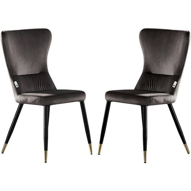 Set of 2 New York Modern Velvet Dining Chairs with High Back, Black Metal Legs, and Gold Tips - Dark Grey - One Size