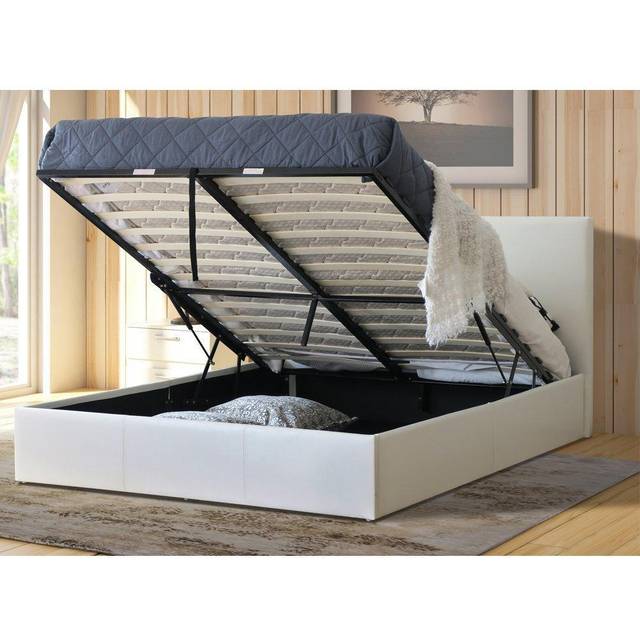 Modernique Leather Ottoman Storage Bed With Wooden Slatted Gas Liftup Base. In Off White - Small Double