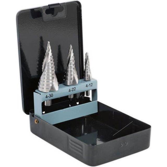 Sealey 3 Piece Spiral Fluted HSS Step Drill Bit Set