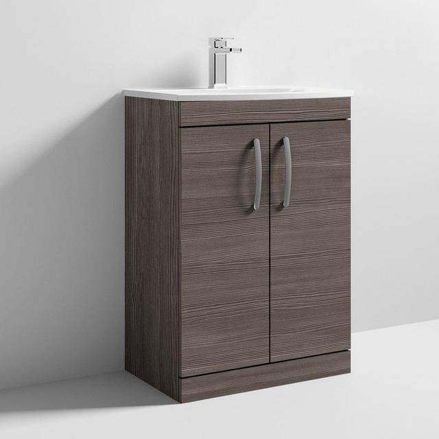 Nuie Athena 600 Floor Standing 2-door Vanity & Curved Basin - Grey Woodgrain, Grey