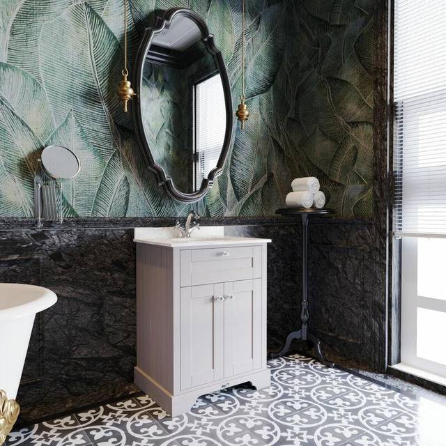 Old London Floor Standing 2 Door Vanity Unit With 1 Tap Hole White Marble Top 600Mm - Timeless Sand