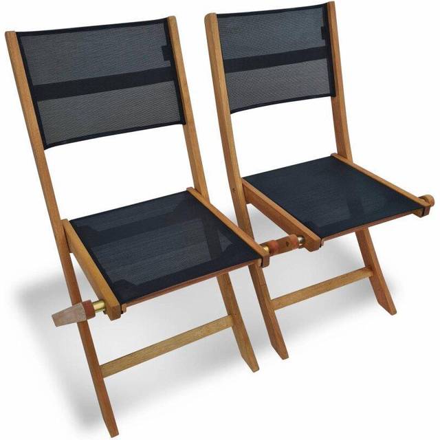 Pair of foldable wooden garden chairs, Almeria, Black, 54x58.7x89 cm
