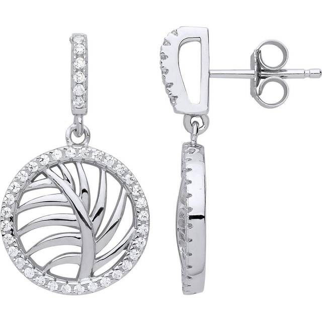 Jewelco London Ladies Sterling Silver Cubic Zirconia Palm Tree Leaf Halo Stud Drop Earrings - GVE838