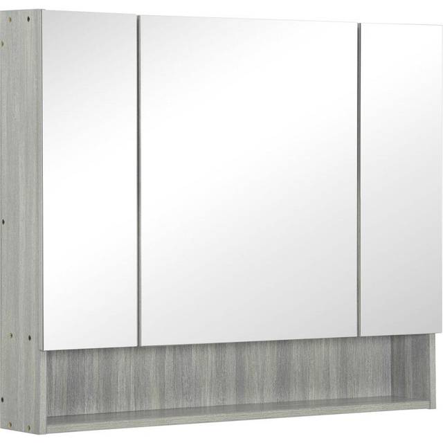 kleankin Bathroom Mirror Cabinet, Wall Mounted 3 Doors and Cupboards, Grey