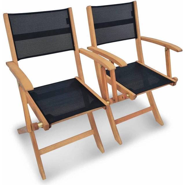 Pair of foldable wooden garden chairs, Almeria, Black, 54x58.7x89 cm