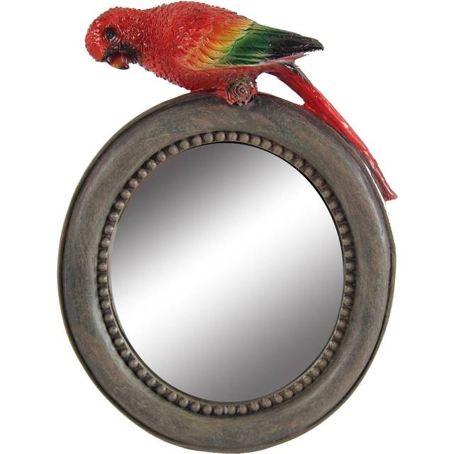 Benjara Round Wooden Framed Mirror with Parrot Sculpture Top, Multicolor