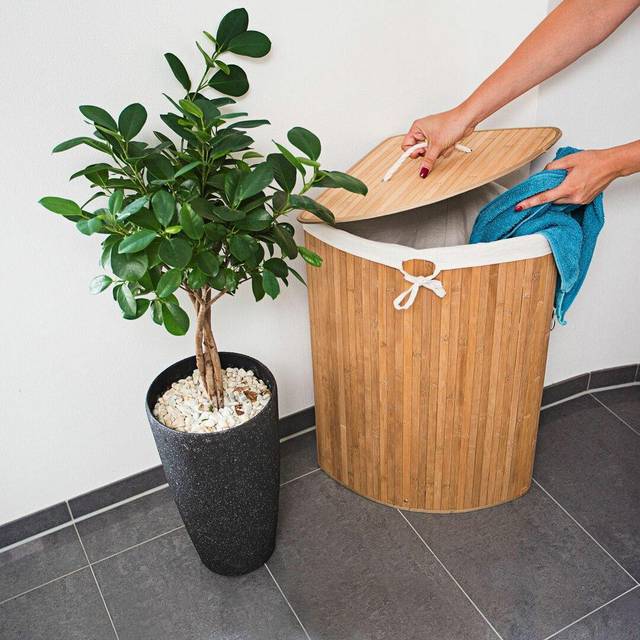 Relaxdays - Bamboo Corner Laundry Basket, 65 x 49.5 x 37 cm, 64L, Folding Hamper with Laundry Sack, Natural Brown