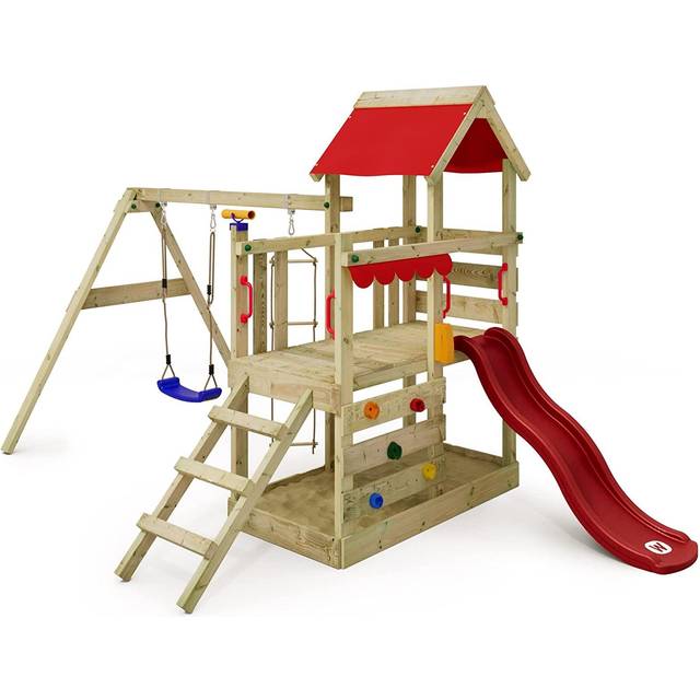 Wickey - Wooden climbing frame TurboFlyer with swing set and slide, Garden playhouse with sandpit, climbing ladder & play-accessories - blue