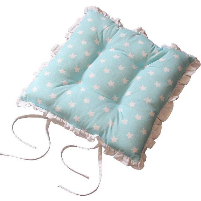 Homescapes Luxury 100% Cotton Reversible Seat Pad with Ties, 40 x 40 cm, Blue, Stars, Frilled Edge , OEKO-TEX Certified, Machine Washable